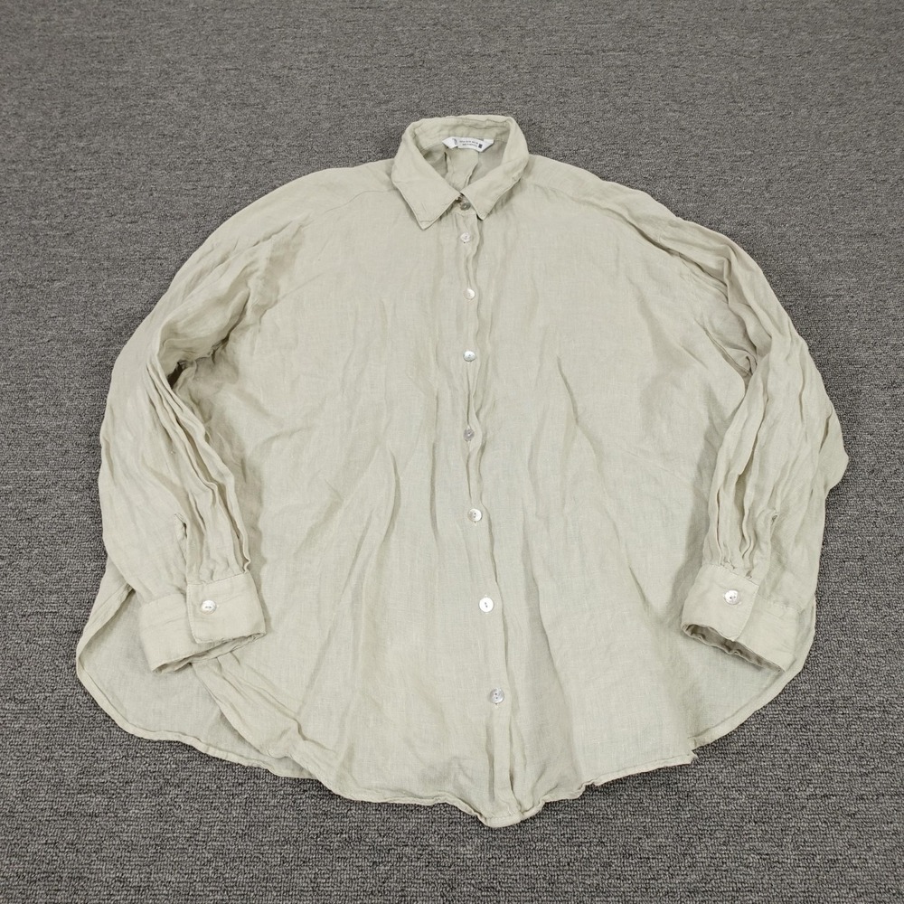 Zara Shirt Womens Medium Green Linen Long Sleeve Button Front Lightweight Casual